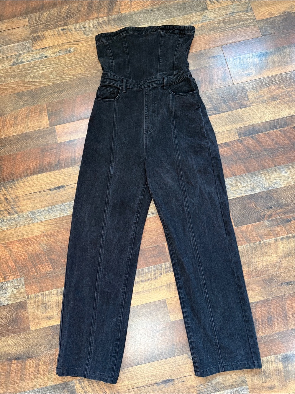 PrettyLittleThing Tall Black Denim Corset Strapless Jumpsuit Size US 8